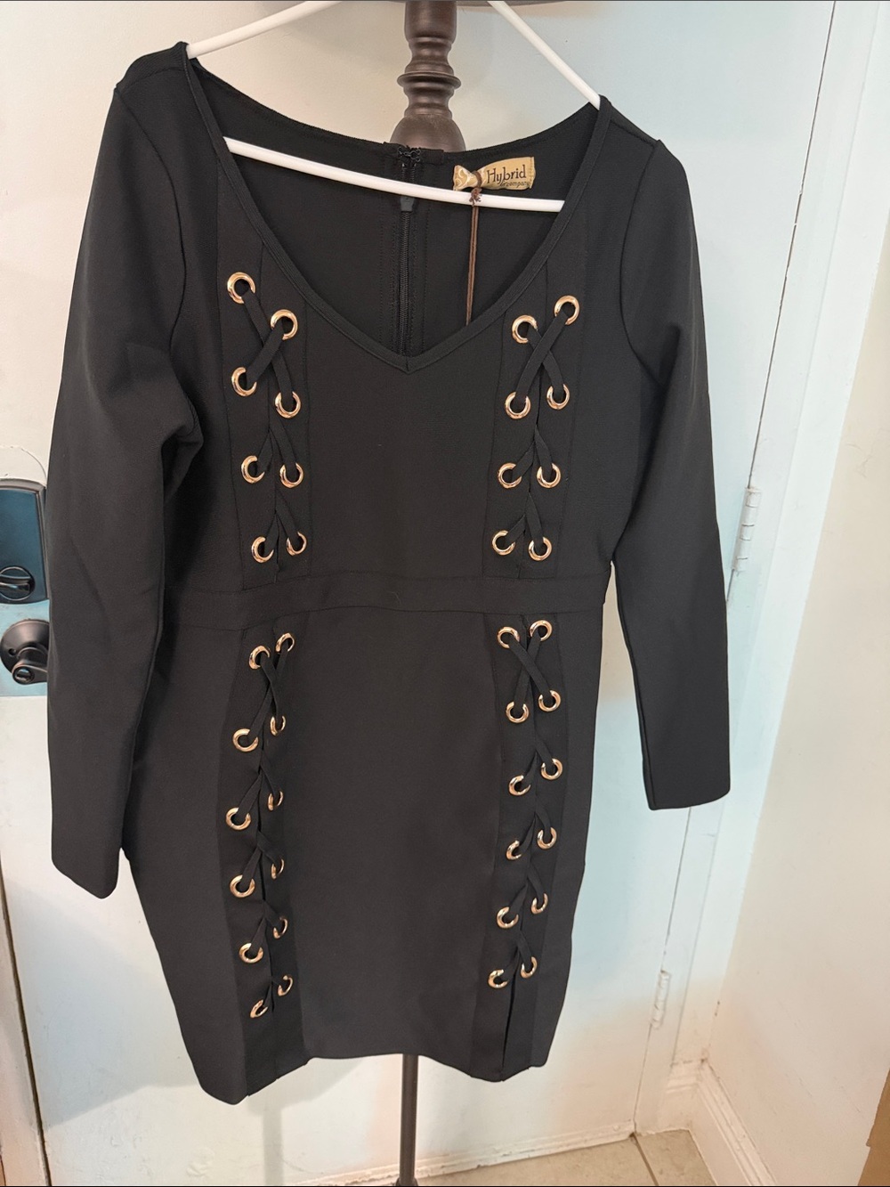 Hybrid & company Black Lace-Up V-Neck Mini Dress with Gold Eyelets